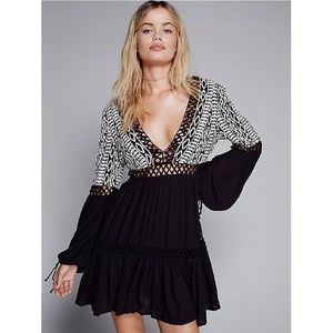 Free People Black Aztec Long Sleeve Tie Back Dress